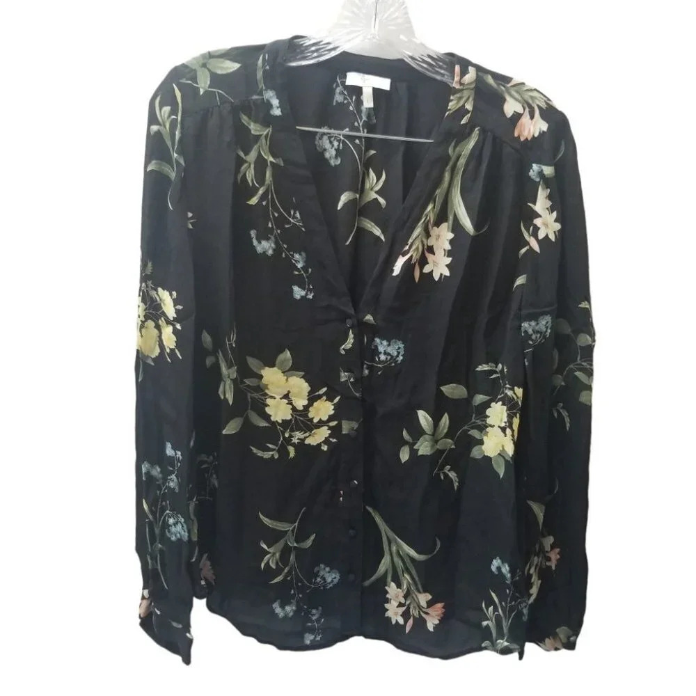 Joie Navy Blue Floral V-neck Button Up Silk Blouse L